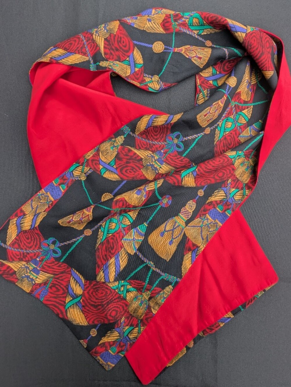 Vintage Gloria Sachs Tassel Print Red and Black Patterned Women's Scarf